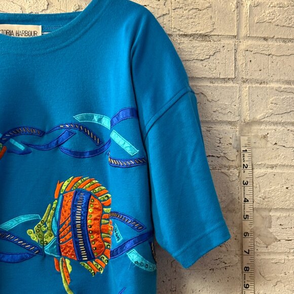 Victoria Harbour Vintage XL Blue T-Shirt Embroidered Sequin Fish Ocean Tropical - Picture 3 of 9